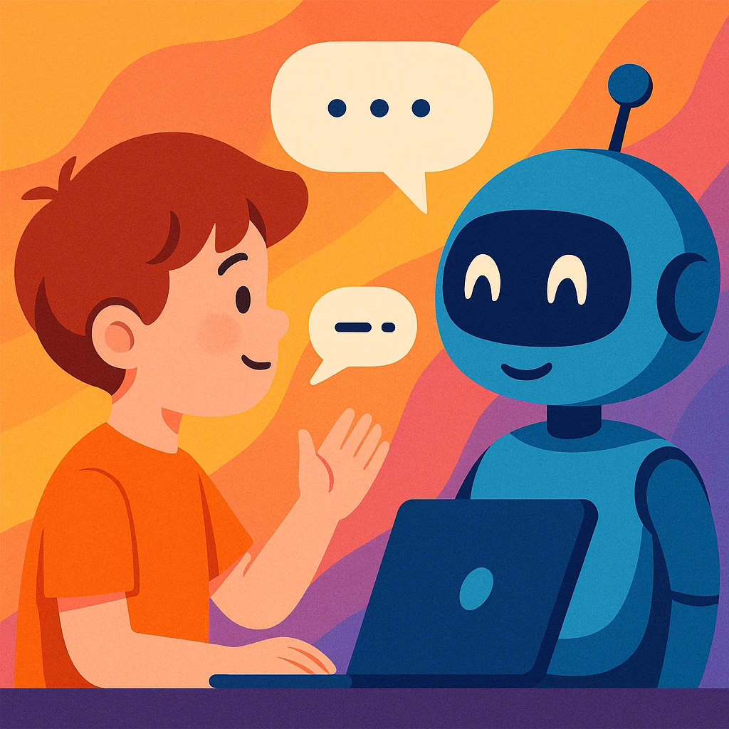 Иллюстрация: ребёнок общается с дружелюбным роботом