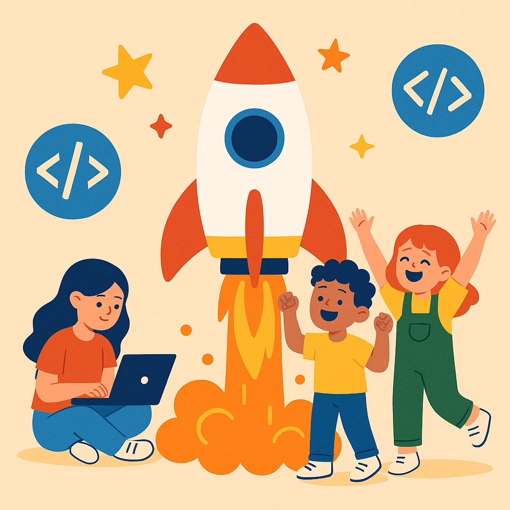 Иллюстрация: старт обучения ИИ, дети запускают ракету
