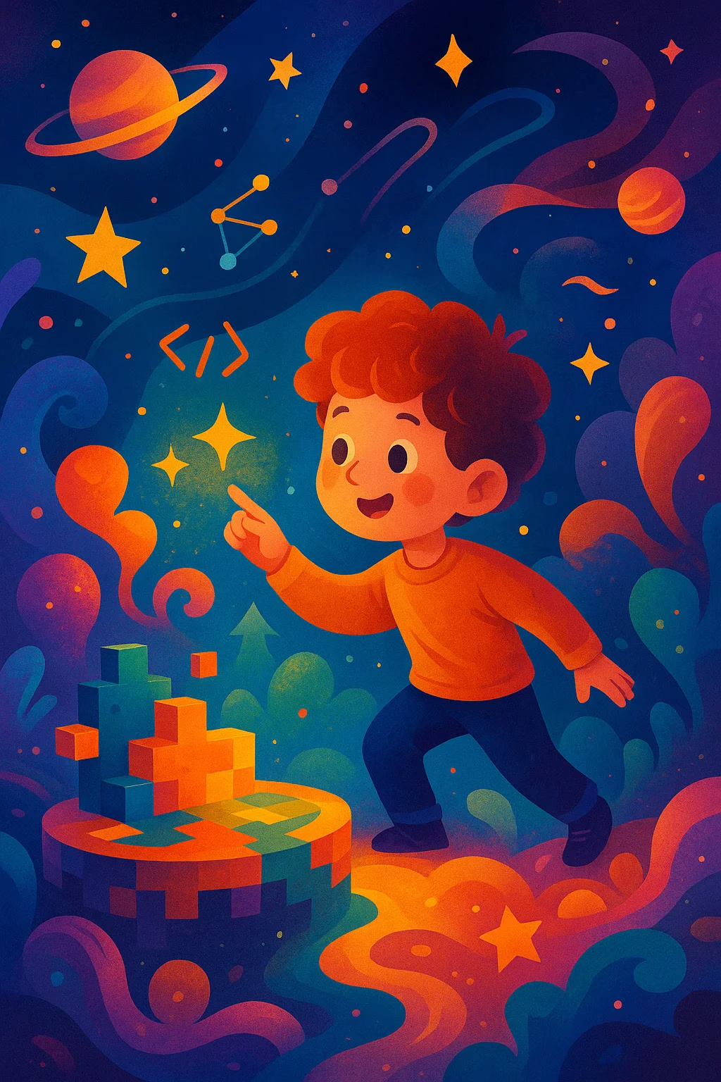 Иллюстрация: ребёнок исследует цифровой мир