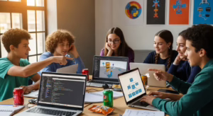 Группа подростков совместно работает над проектами по программированию, создавая игры и приложения