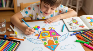 Ребенок рисует необычный дом, развивая фантазию