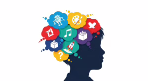 Силуэт головы ребенка, наполненный символами креативных идей и воображения