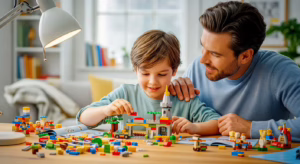 Родитель и ребенок вместе строят из LEGO, развивая творчество
