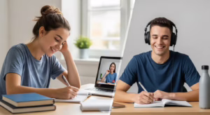 Счастливая девочка-подросток участвует в интерактивном онлайн-уроке с преподавателем