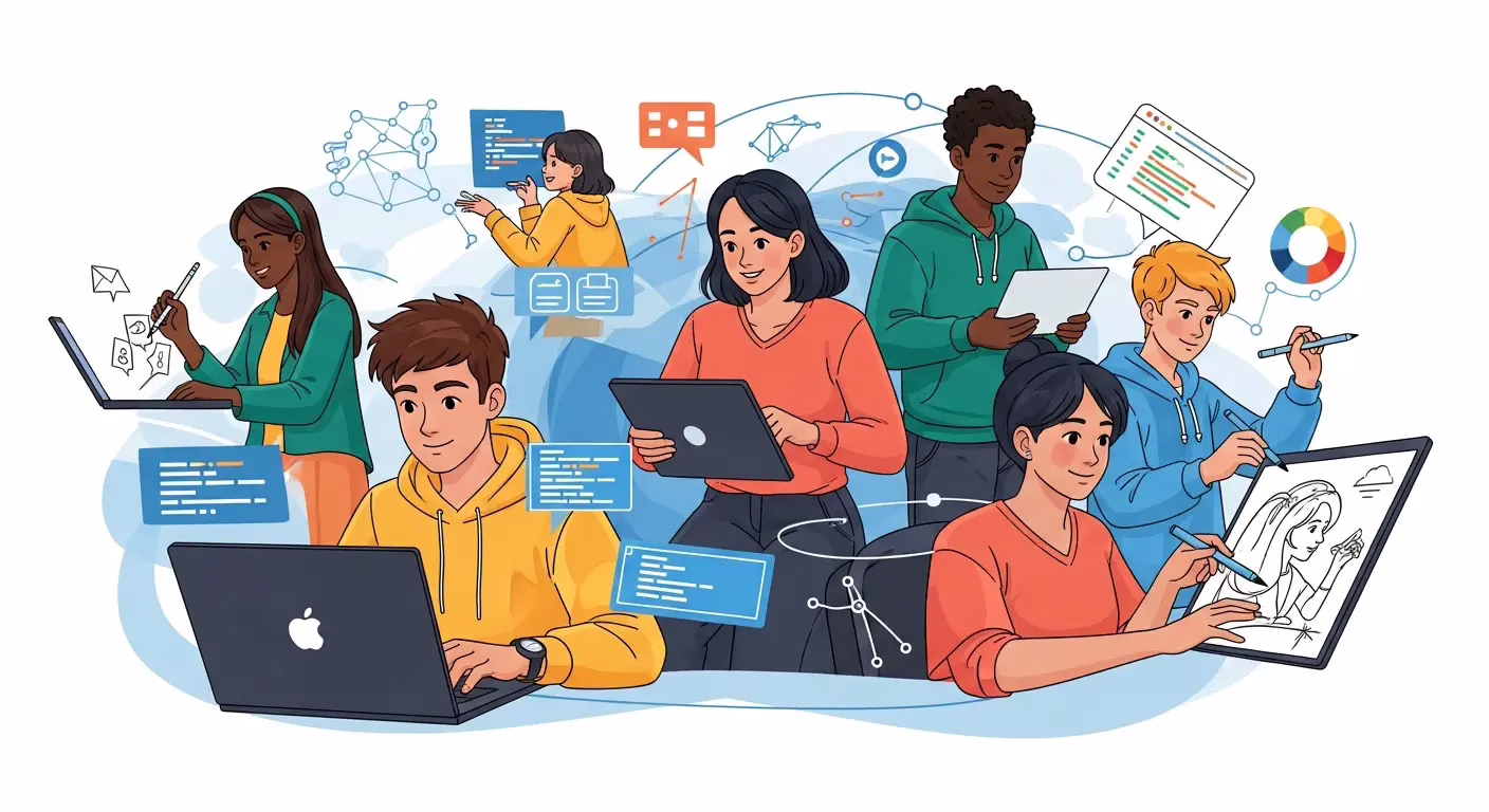 Группа подростков увлеченно занимается онлайн-обучением: программированием, дизайном и развитием soft skills