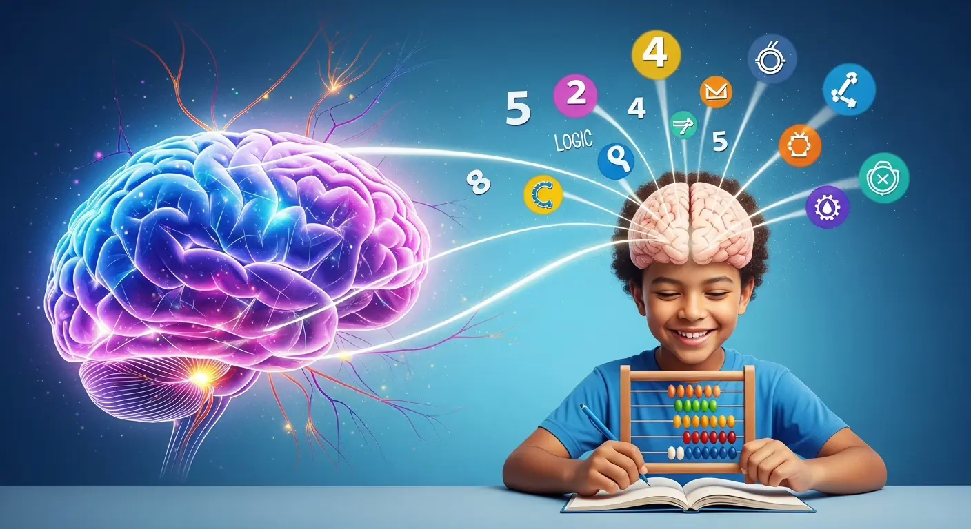 Счастливый ребенок с воображаемым абакусом и символами чисел, логики, креативности, демонстрирующий развитие мозга с помощью ментальной арифметики