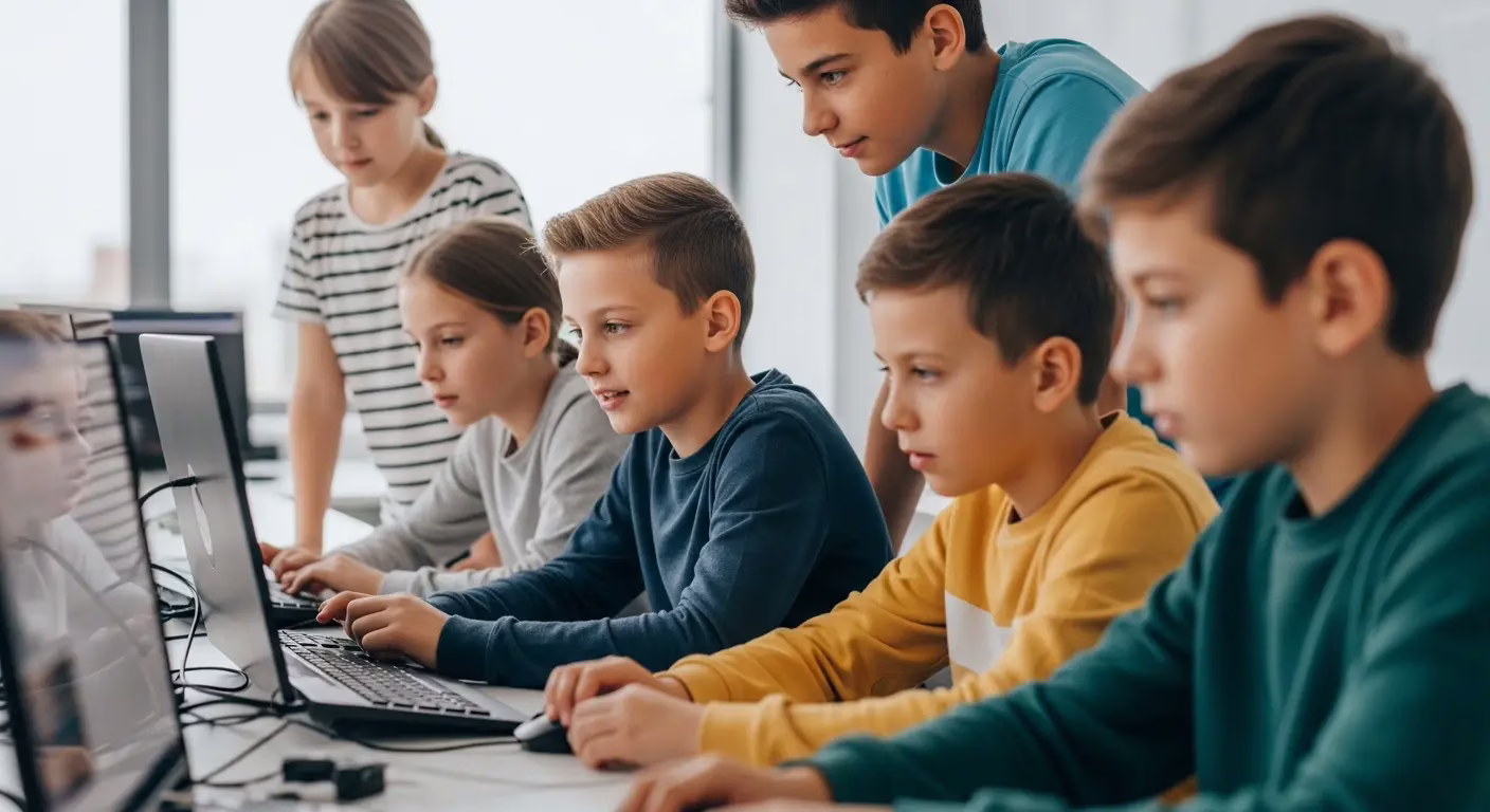 Группа детей занимается программированием, развивая логическое мышление