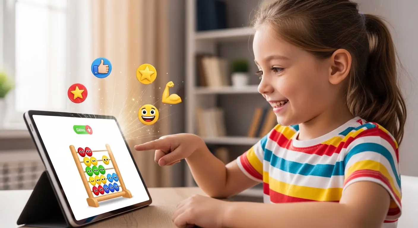 Ребенок учится ментальной арифметике онлайн на планшете